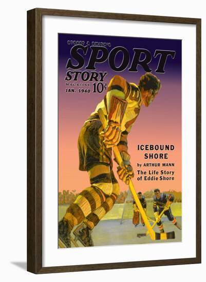 Player Approaches Defenseman and Goalie, c.1940-null-Framed Art Print