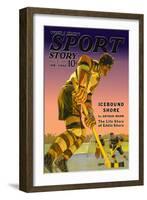 Player Approaches Defenseman and Goalie, c.1940-null-Framed Art Print