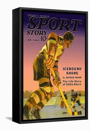 Player Approaches Defenseman and Goalie, c.1940-null-Framed Stretched Canvas