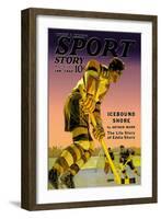 Player Approaches Defenseman and Goalie, c.1940-null-Framed Art Print