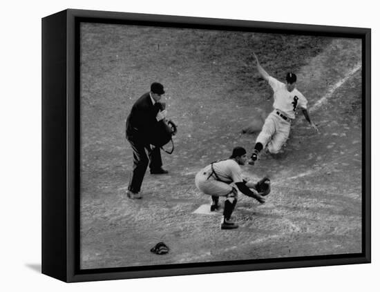 Player Attempting to Slide Home During an Unidentified Baseball Game-null-Framed Stretched Canvas