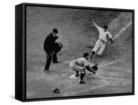 Player Attempting to Slide Home During an Unidentified Baseball Game-null-Framed Stretched Canvas