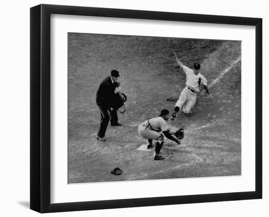 Player Attempting to Slide Home During an Unidentified Baseball Game-null-Framed Photographic Print