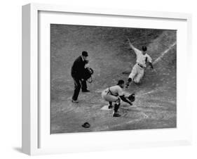 Player Attempting to Slide Home During an Unidentified Baseball Game-null-Framed Photographic Print