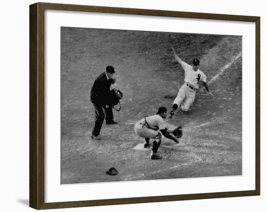 Player Attempting to Slide Home During an Unidentified Baseball Game-null-Framed Photographic Print