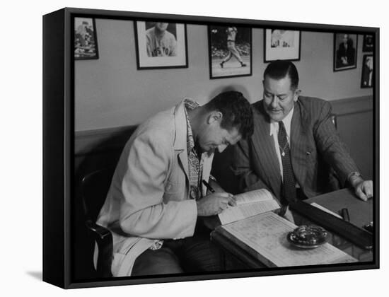 Player Ted Williams Signing Contract with Red Sox Manager, Thomas A. Yawkey-Ralph Morse-Framed Stretched Canvas