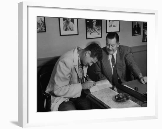Player Ted Williams Signing Contract with Red Sox Manager, Thomas A. Yawkey-Ralph Morse-Framed Premium Photographic Print