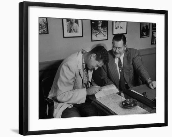 Player Ted Williams Signing Contract with Red Sox Manager, Thomas A. Yawkey-Ralph Morse-Framed Premium Photographic Print