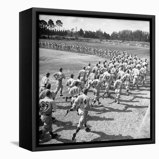 Players Running During the Dodgers Spring Training-George Silk-Framed Stretched Canvas