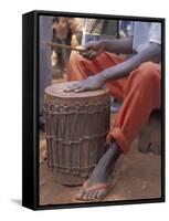 Playing a Congolese Drum in a Congolese Refugee Camp, Tanzania-Kristin Mosher-Framed Stretched Canvas