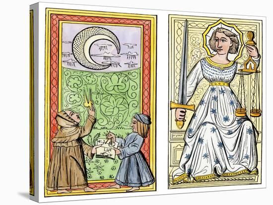 Playing Cards of Moon (Left) and Justice (Right) From the Court of Charles VI, France, Circa 1400-null-Stretched Canvas