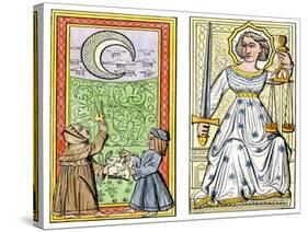 Playing Cards of Moon (Left) and Justice (Right) From the Court of Charles VI, France, Circa 1400-null-Stretched Canvas