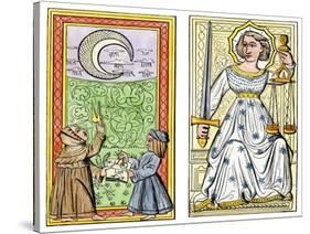 Playing Cards of Moon (Left) and Justice (Right) From the Court of Charles VI, France, Circa 1400-null-Stretched Canvas