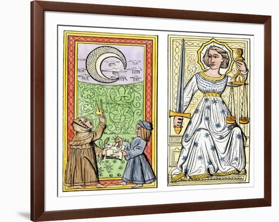 Playing Cards of Moon (Left) and Justice (Right) From the Court of Charles VI, France, Circa 1400-null-Framed Giclee Print