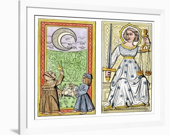 Playing Cards of Moon (Left) and Justice (Right) From the Court of Charles VI, France, Circa 1400-null-Framed Giclee Print