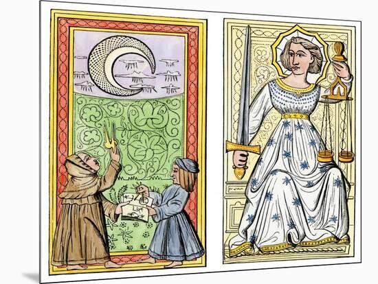 Playing Cards of Moon (Left) and Justice (Right) From the Court of Charles VI, France, Circa 1400-null-Mounted Giclee Print