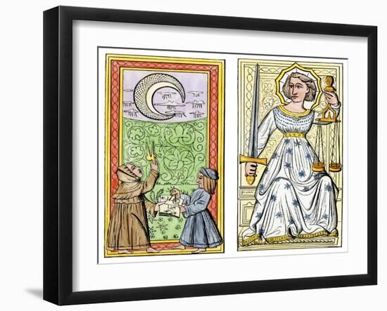 Playing Cards of Moon (Left) and Justice (Right) From the Court of Charles VI, France, Circa 1400-null-Framed Giclee Print