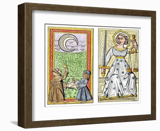 Playing Cards of Moon (Left) and Justice (Right) From the Court of Charles VI, France, Circa 1400-null-Framed Giclee Print