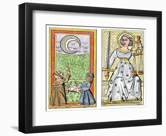 Playing Cards of Moon (Left) and Justice (Right) From the Court of Charles VI, France, Circa 1400-null-Framed Giclee Print