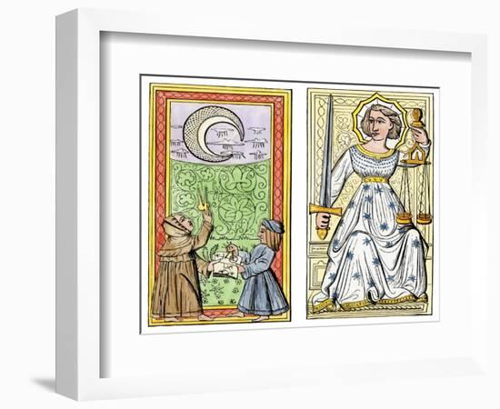 Playing Cards of Moon (Left) and Justice (Right) From the Court of Charles VI, France, Circa 1400-null-Framed Giclee Print