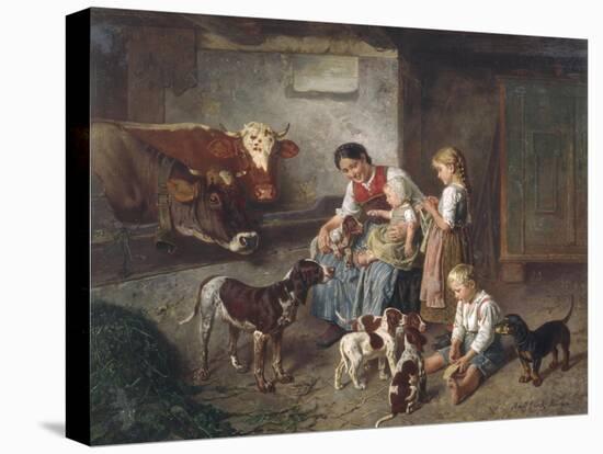 Playing with the Puppies-Adolf Eberle-Stretched Canvas