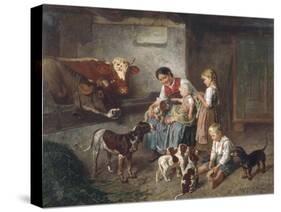 Playing with the Puppies-Adolf Eberle-Stretched Canvas