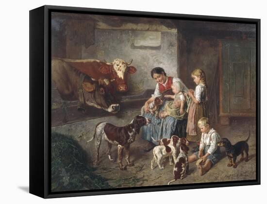 Playing with the Puppies-Adolf Eberle-Framed Stretched Canvas