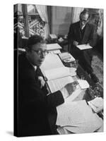 Playwright Jean Paul Sartre at His Desk as Artist Saul Steinberg Sketches at Sartre's Home in Paris-Gjon Mili-Stretched Canvas