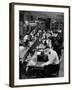 Playwright Paddy Chayefsky Sitting at Typewriter in Garment Factory With Workers on Sewing Machines-Michael Rougier-Framed Premium Photographic Print