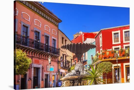 Plaza Del Baratillo, Baratillo Square, Fountain, Colorful Buildings, Guanajuato, Mexico-William Perry-Stretched Canvas