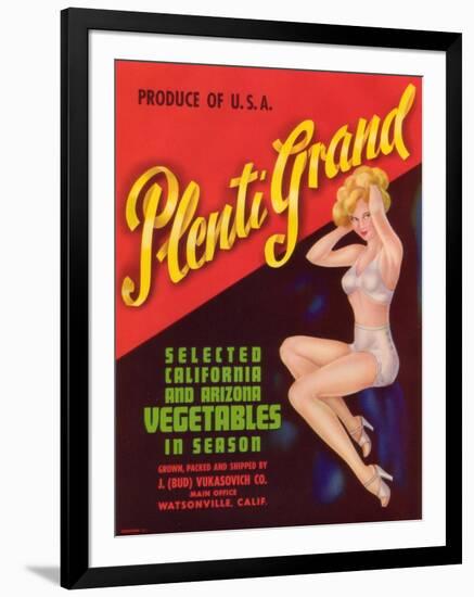 Plenti Grand Vegetable Label - Watsonville, CA-Lantern Press-Framed Art Print