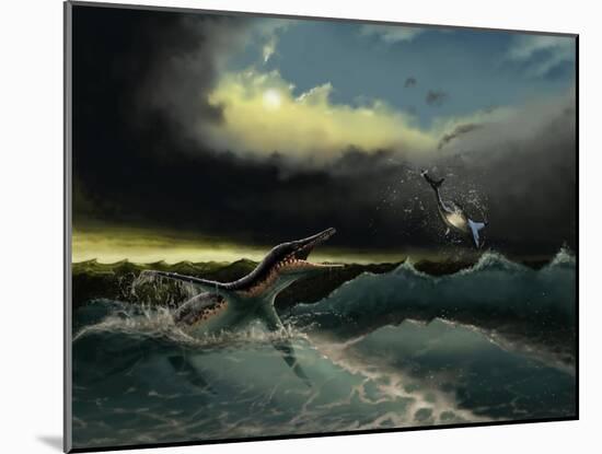 Pliosaurus Irgisensis Attacking a Shark-null-Mounted Art Print