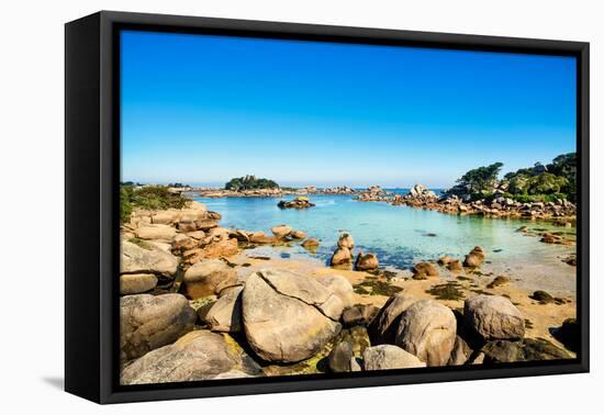 Ploumanach, Rocks and Bay Beach in Morning. Pink Granite Coast, Perros Guirec, Brittany, France-stevanzz-Framed Stretched Canvas