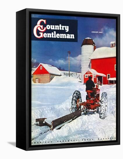 "Plowing Path to the Barn," Country Gentleman Cover, January 1, 1947-J. Julius Fanta-Framed Stretched Canvas