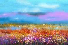 Abstract Colorful Oil Painting Landscape on Canvas. Semi- Abstract Image of Flowers, Meadow and Fie-pluie_r-Art Print