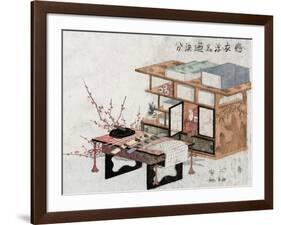 Plum Branches beside Bookshelves and Desk, Japanese Wood-Cut Print-Lantern Press-Framed Art Print