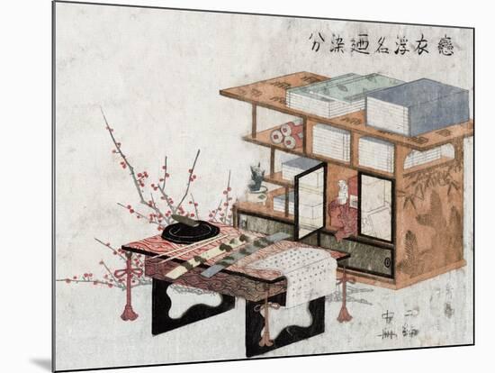 Plum Branches beside Bookshelves and Desk, Japanese Wood-Cut Print-Lantern Press-Mounted Art Print