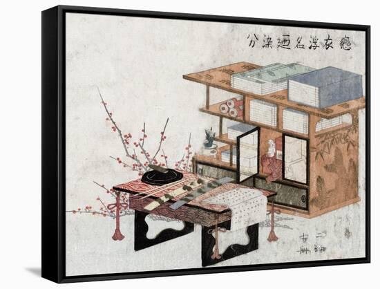 Plum Branches beside Bookshelves and Desk, Japanese Wood-Cut Print-Lantern Press-Framed Stretched Canvas