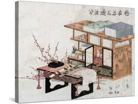 Plum Branches beside Bookshelves and Desk, Japanese Wood-Cut Print-Lantern Press-Stretched Canvas