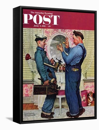 "Plumbers" Saturday Evening Post Cover, June 2,1951-Norman Rockwell-Framed Stretched Canvas