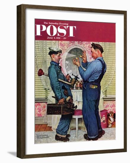 "Plumbers" Saturday Evening Post Cover, June 2,1951-Norman Rockwell-Framed Giclee Print