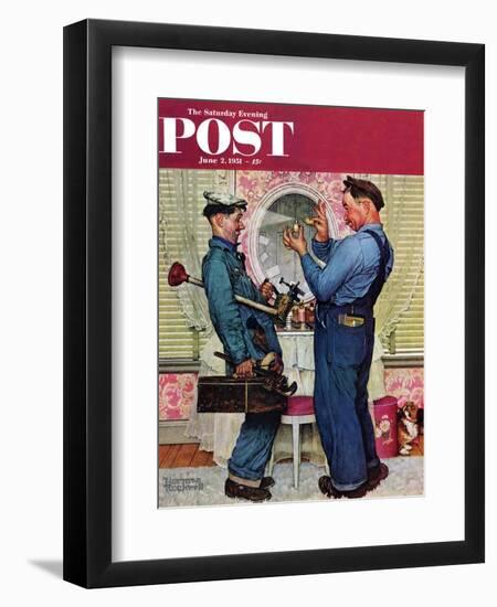 "Plumbers" Saturday Evening Post Cover, June 2,1951-Norman Rockwell-Framed Giclee Print