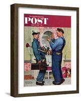 "Plumbers" Saturday Evening Post Cover, June 2,1951-Norman Rockwell-Framed Giclee Print