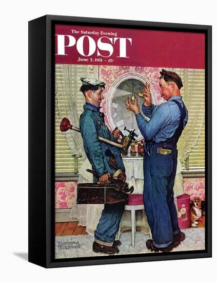 "Plumbers" Saturday Evening Post Cover, June 2,1951-Norman Rockwell-Framed Stretched Canvas