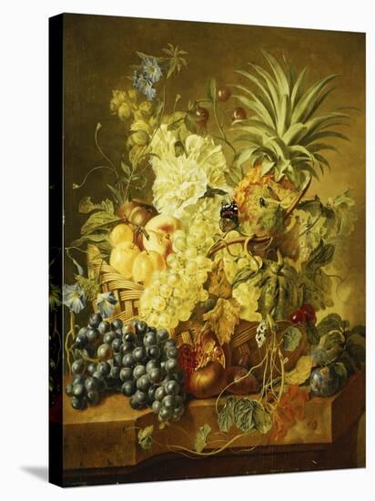 Plums, a Peach, Grapes, a Melon, a Pineapple, a Fig, Currants, Cherries and Flowers in a Basket,…-Jan van Huysum-Stretched Canvas