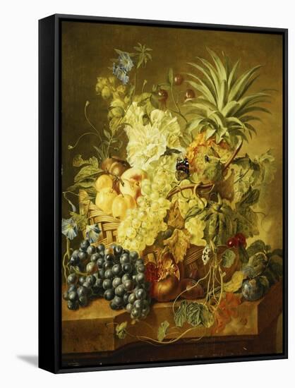 Plums, a Peach, Grapes, a Melon, a Pineapple, a Fig, Currants, Cherries and Flowers in a Basket,…-Jan van Huysum-Framed Stretched Canvas