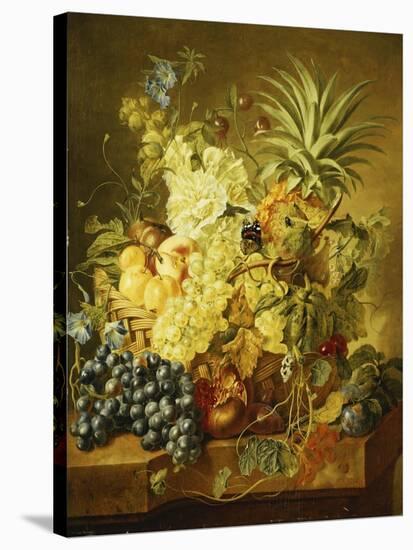 Plums, a Peach, Grapes, a Melon, a Pineapple, a Fig, Currants, Cherries and Flowers in a Basket,…-Jan van Huysum-Stretched Canvas