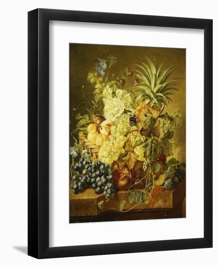 Plums, a Peach, Grapes, a Melon, a Pineapple, a Fig, Currants, Cherries and Flowers in a Basket,…-Jan van Huysum-Framed Giclee Print