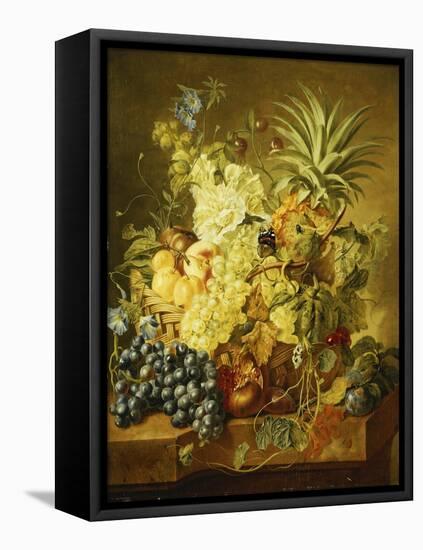 Plums, a Peach, Grapes, a Melon, a Pineapple, a Fig, Currants, Cherries and Flowers in a Basket,…-Jan van Huysum-Framed Stretched Canvas