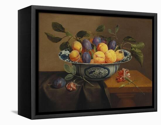 Plums and Apricots in a Wanli Kraak Porselein Bowl with a Carnation, a Rose-Jacob Van Hulsdonck-Framed Stretched Canvas